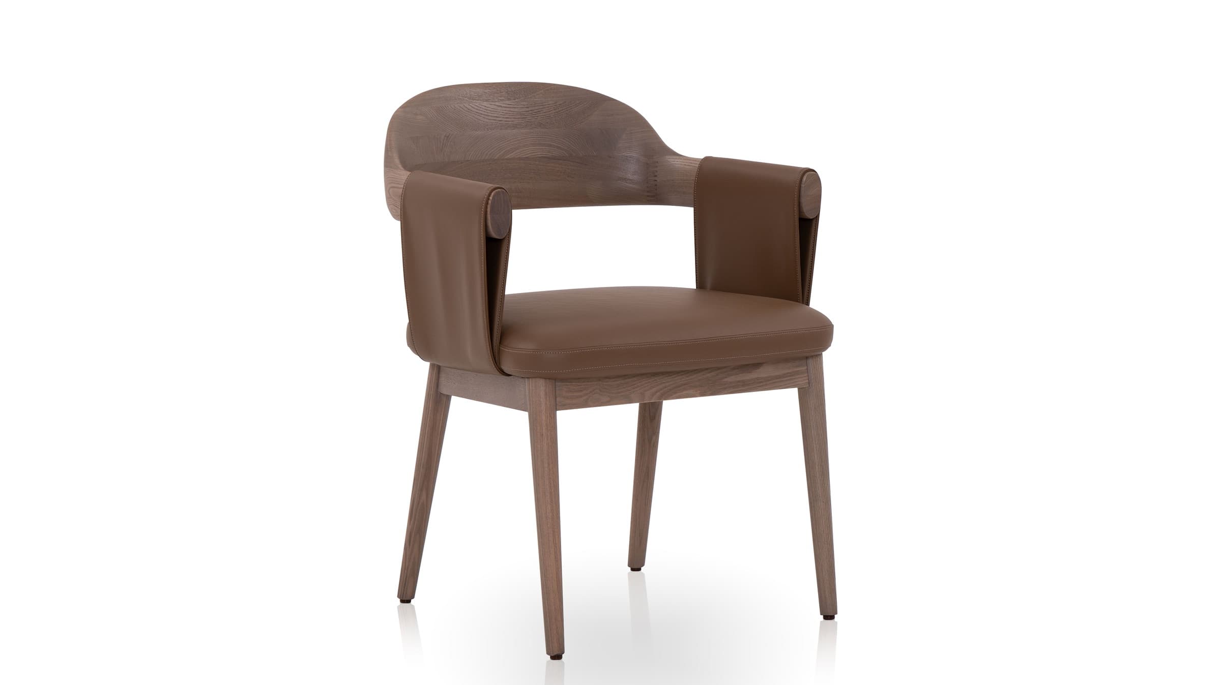 2-ACH-23028 three-quarter view of the brown leather and wood dining armchair