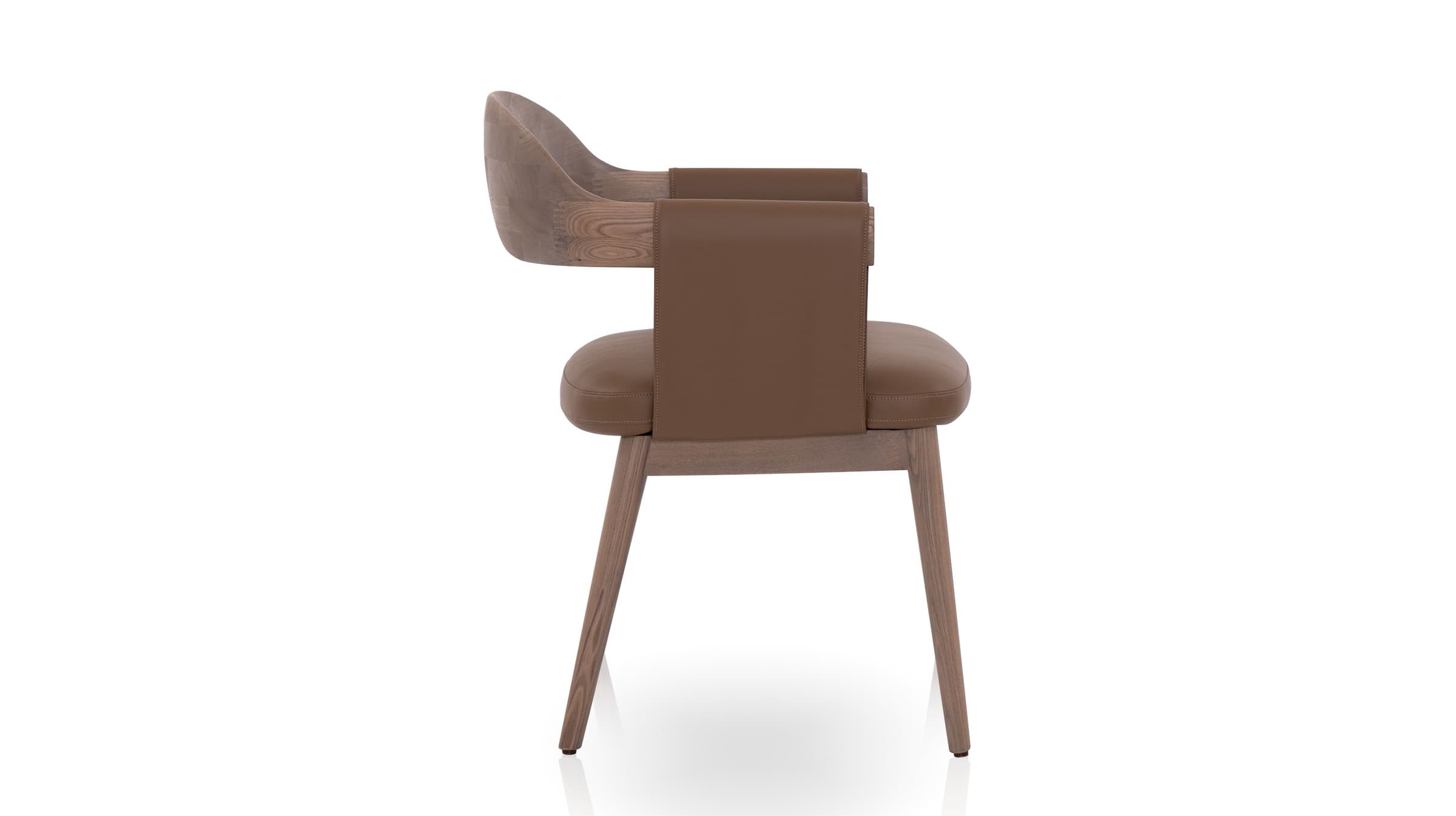 2-ACH-23028 side view of the brown leather and wood dining armchair