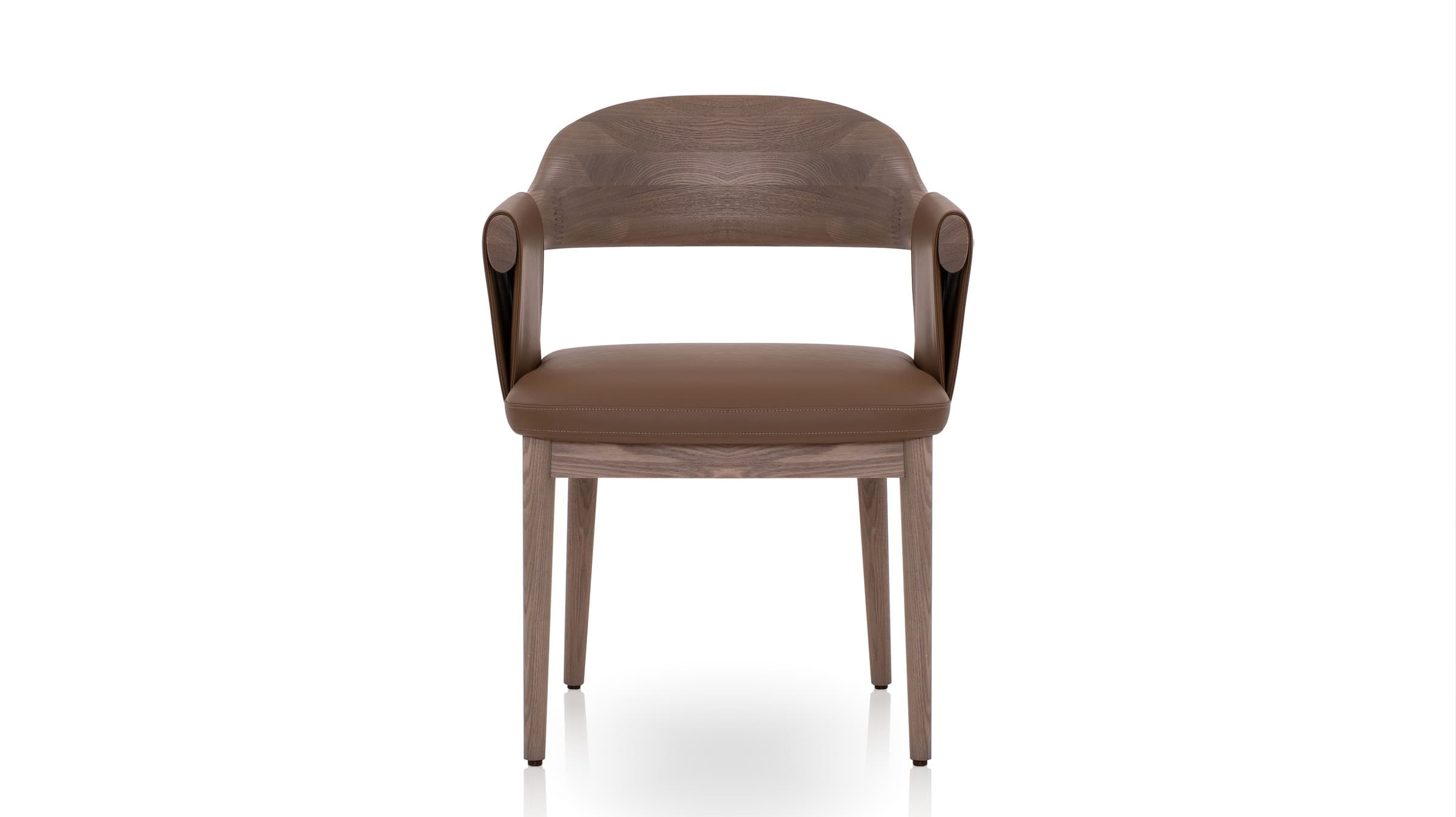 2-ACH-23028 dining armchair in brown leather with a curved wooden frame