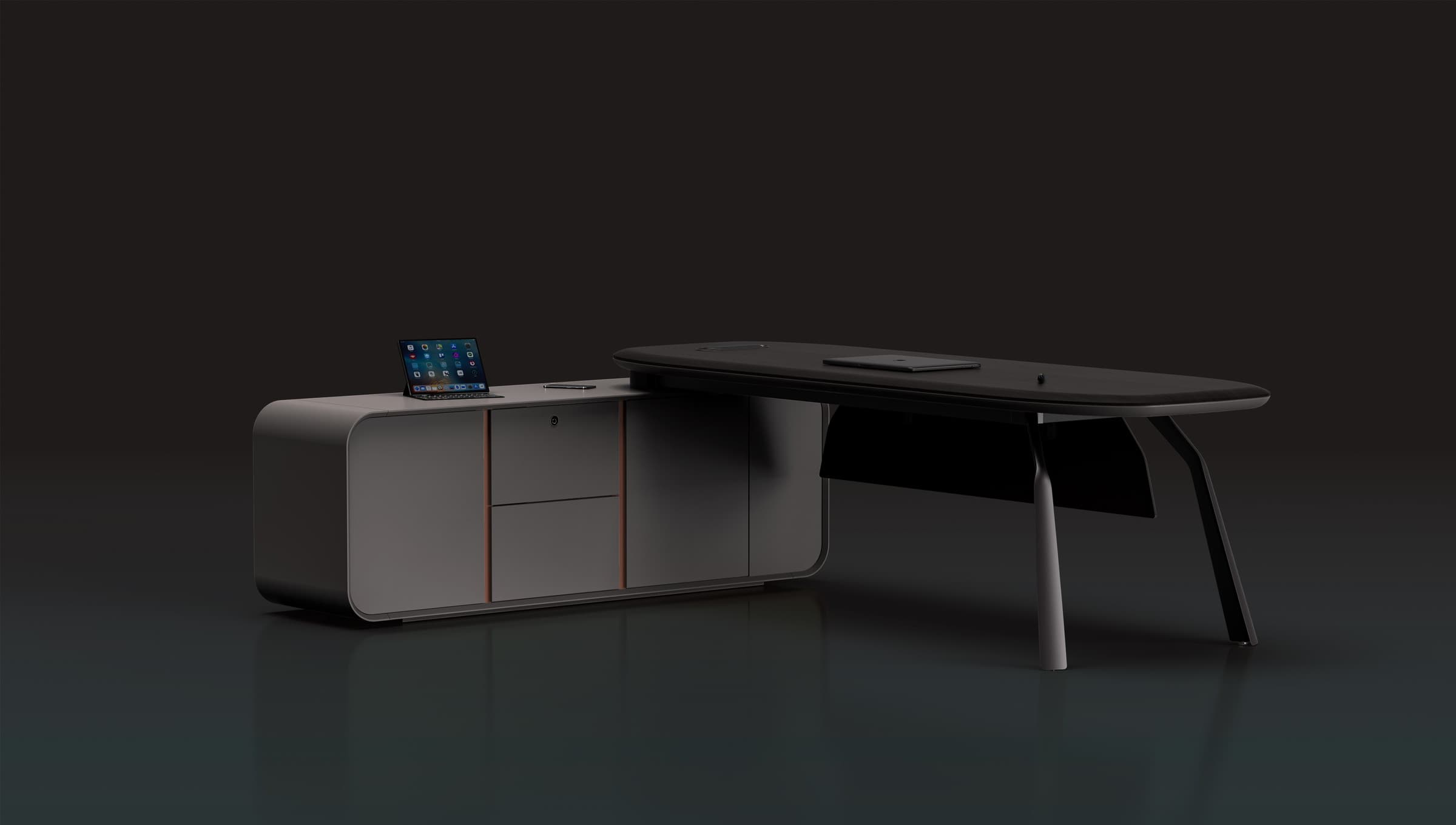 A-T04 executive desk with its side credenza, three-quarter view