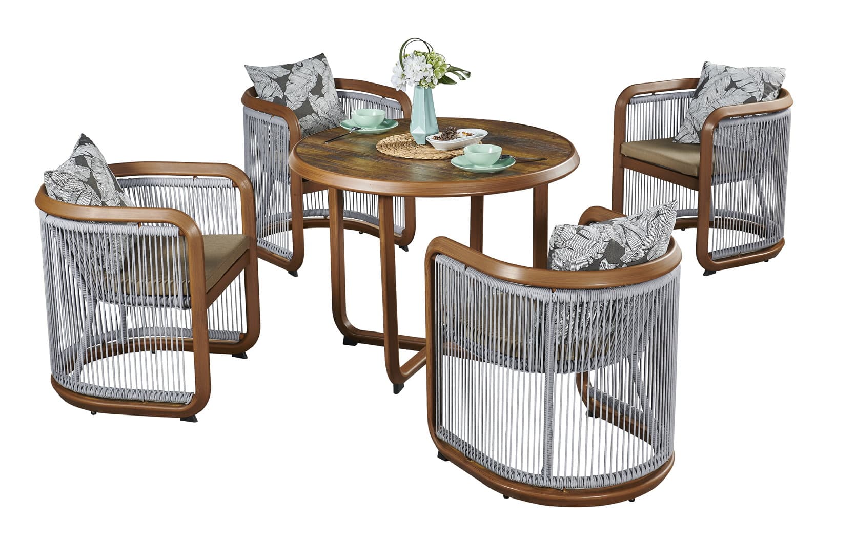 BP-3172B-TA round outdoor table with rope-weave chairs and stools