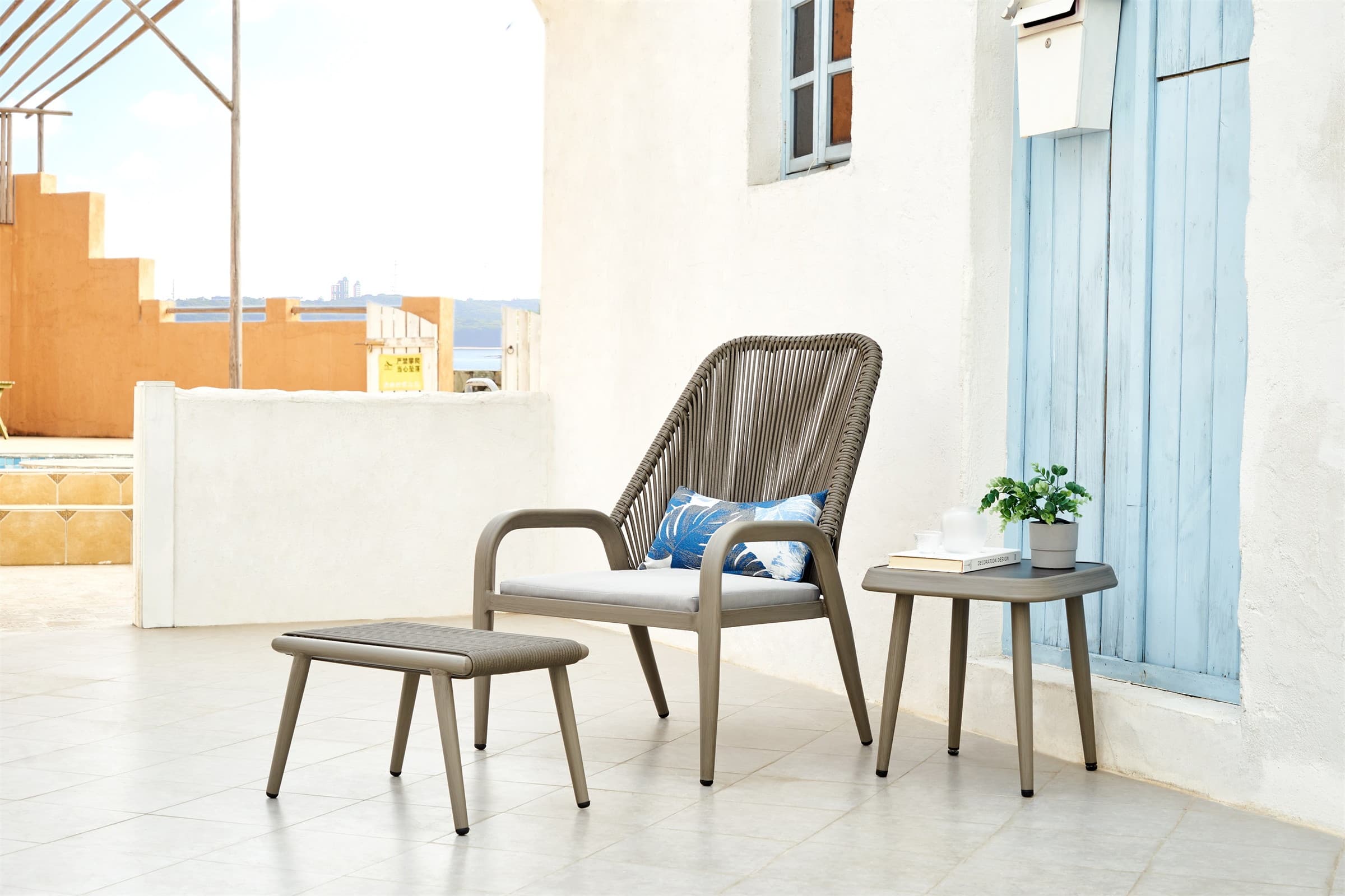 BP-6206 outdoor armchair and footstool in pale rope weave with a side table — view 2