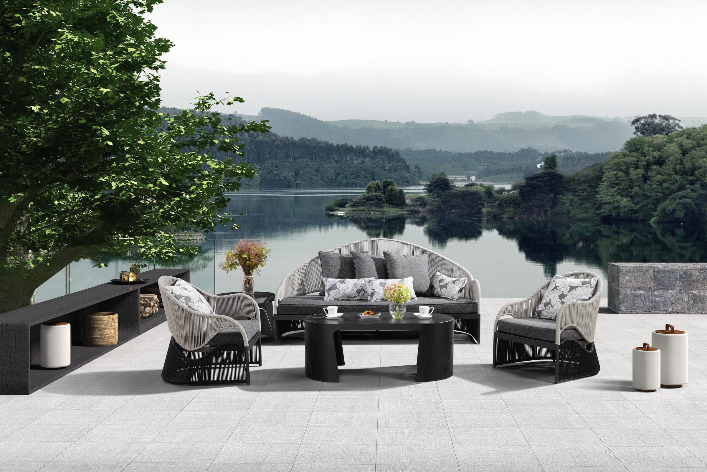 BP-8171B outdoor sofa set in dark weave on a lakeside terrace