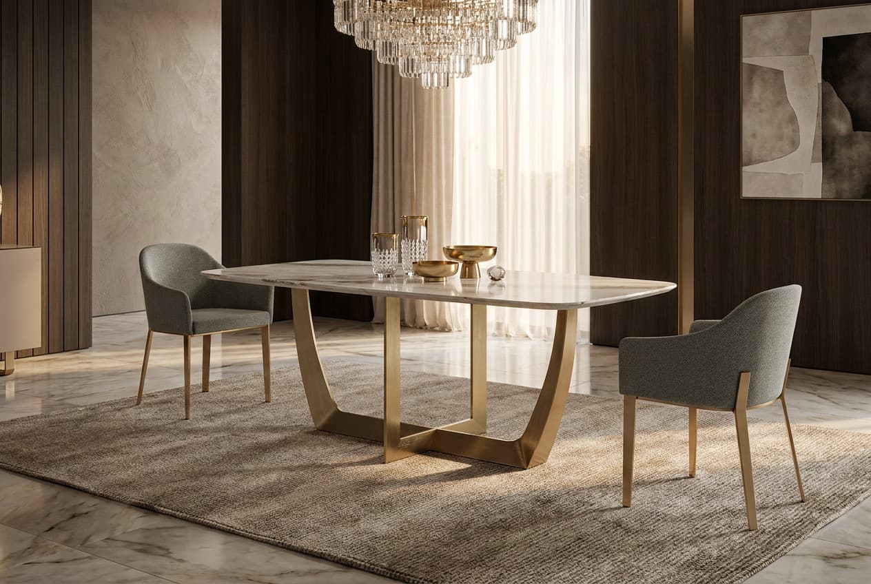 BRF6560 rectangular marble-top dining table on a brushed-gold arched base, under a crystal chandelier