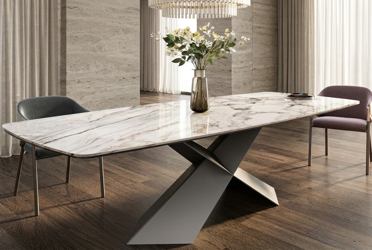 BRT21010A rectangular marble-top dining table on a crossed-blade base in graphite finish