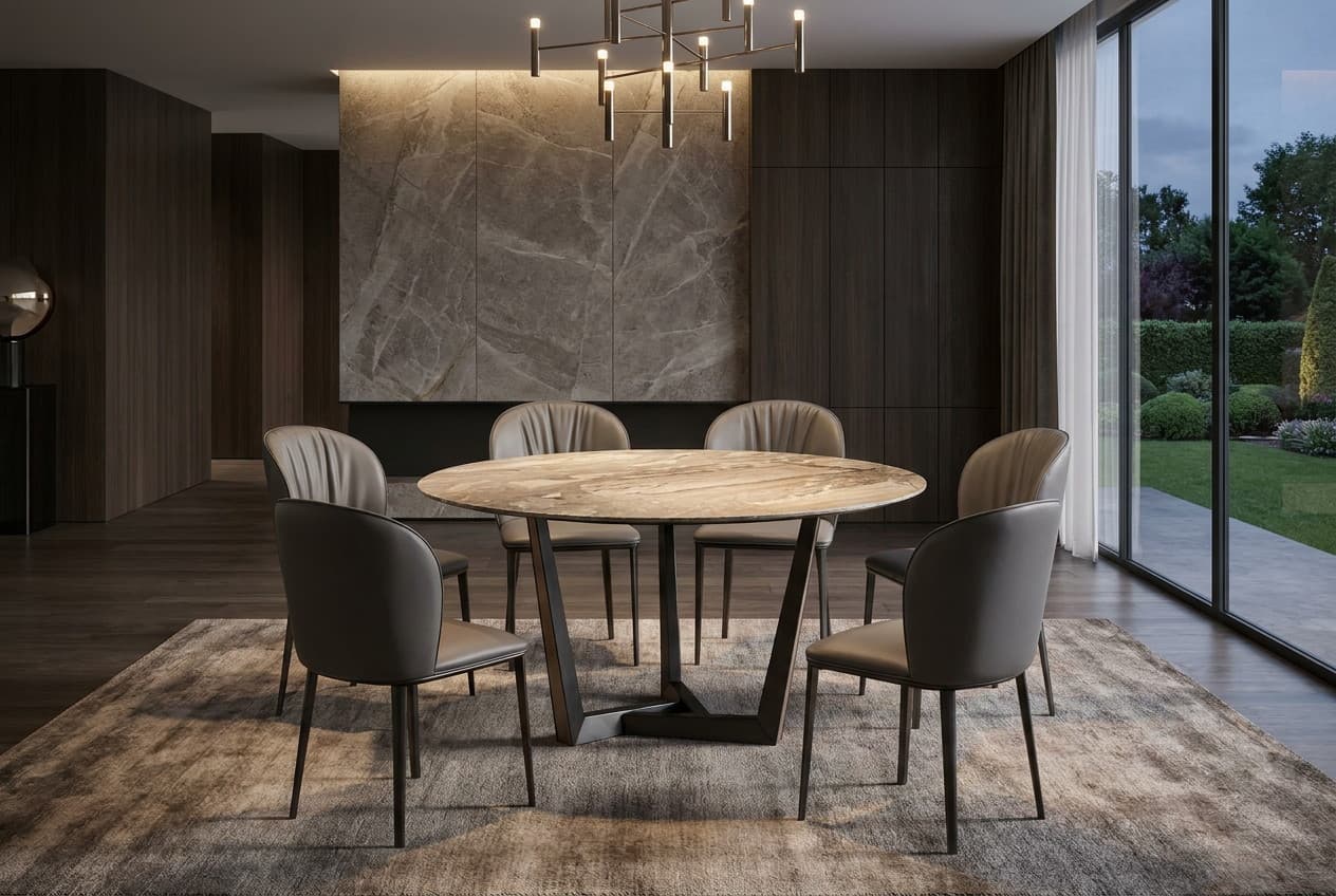BRT21012B-1 round dining table with a figured wood top on a dark tripod base, seating six