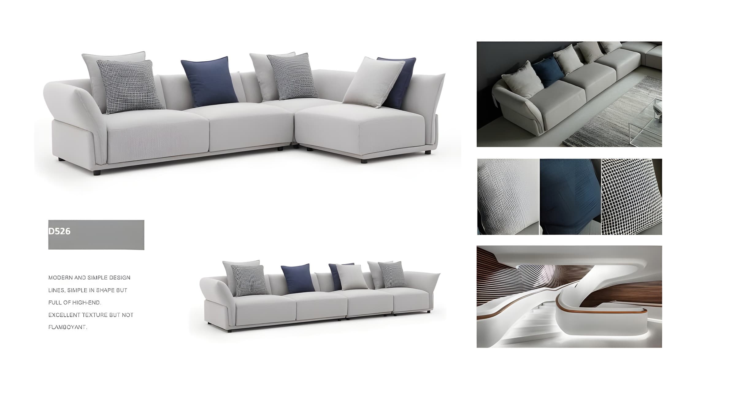 D526 corner sofa in grey fabric, shown with fabric swatches