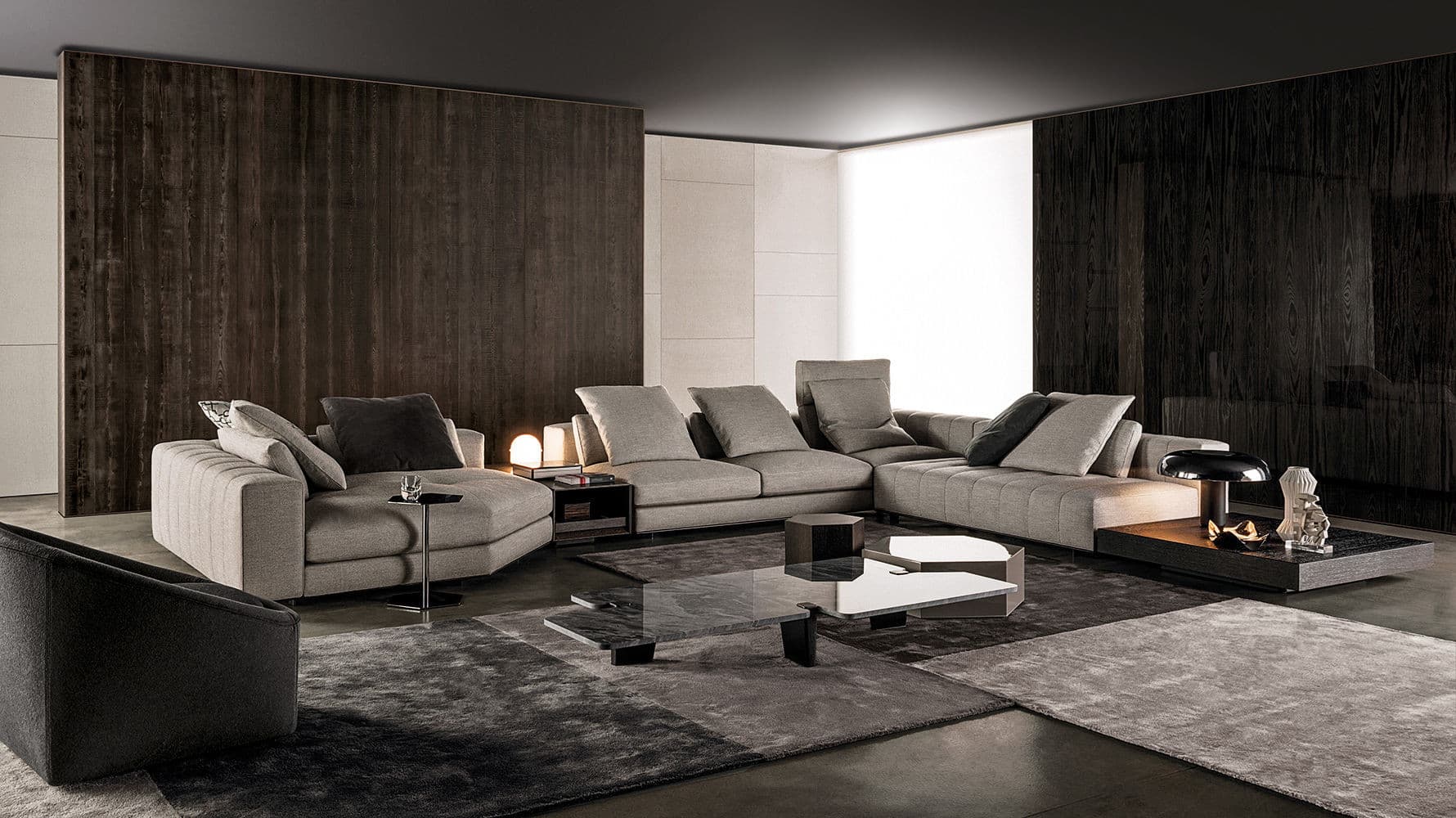 F9708 living room set with a modular sofa and armchairs in a dark-panelled room