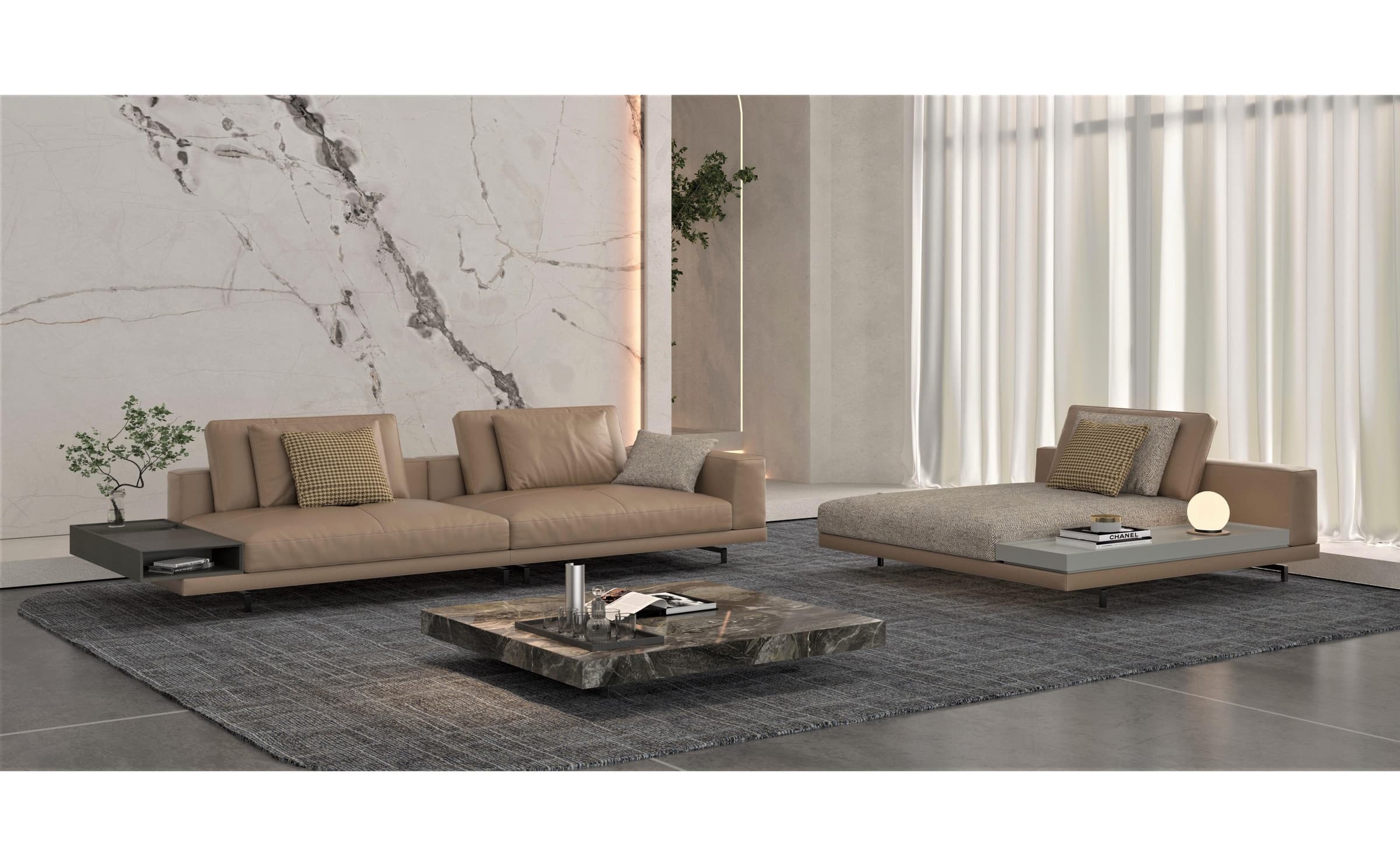 F9721 living room set with a taupe modular sofa and chaise against a marble wall
