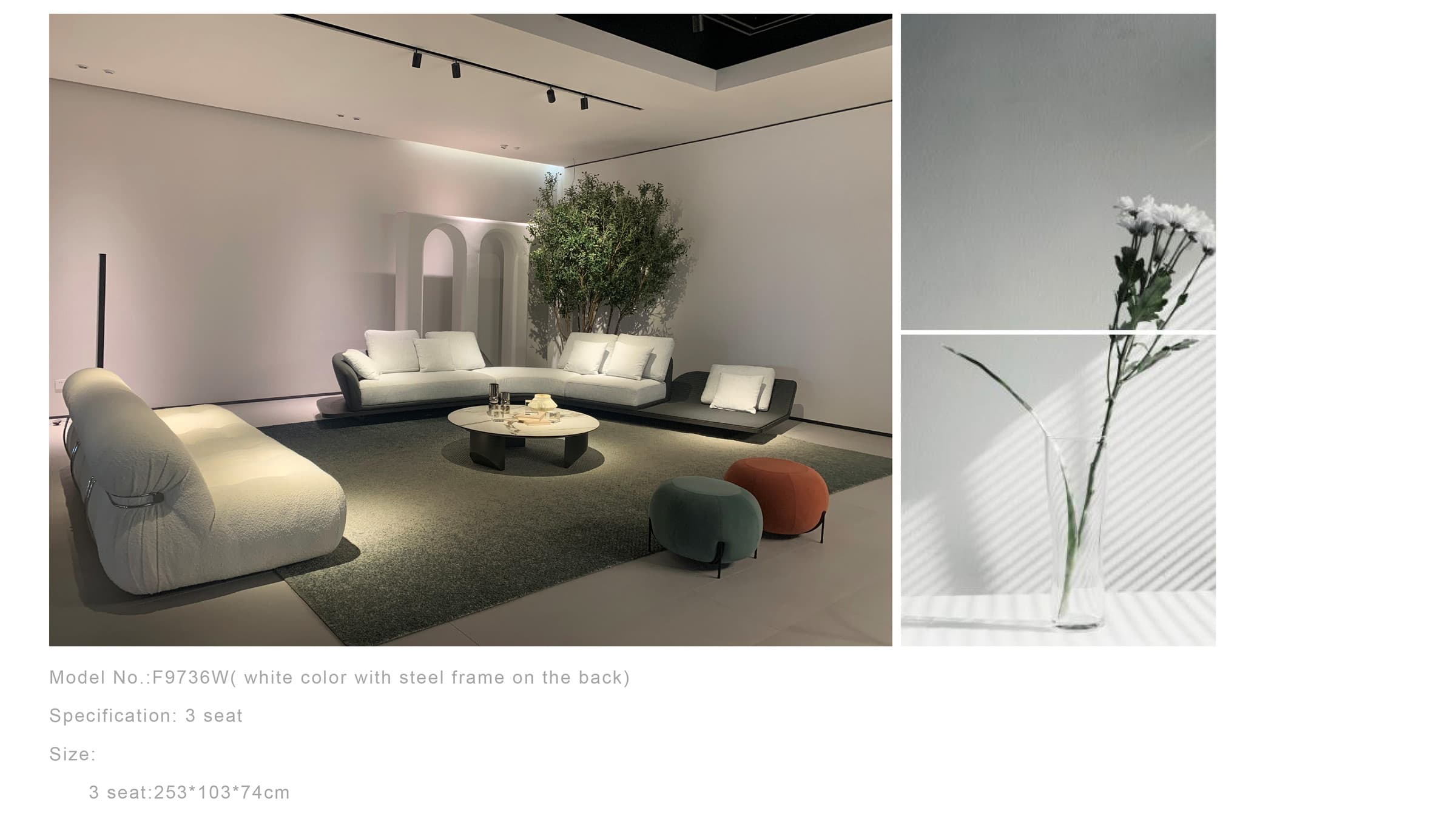 F9727 sofa with chaise in pale fabric, with specification detail
