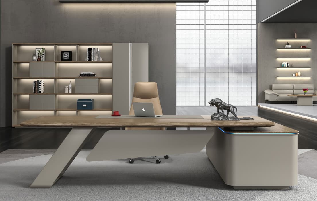 FLZZ-89 executive desk with an L-shaped return, shown in an office interior