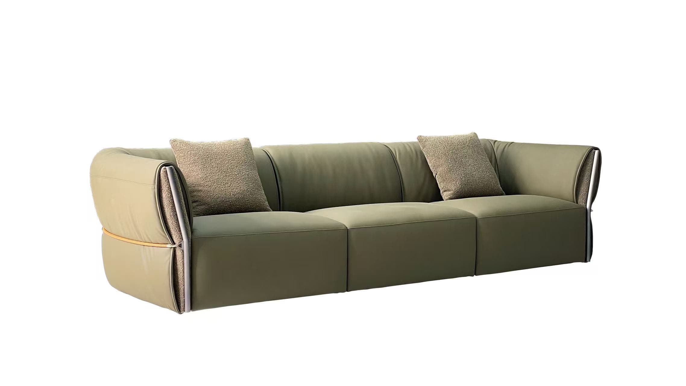 K411A olive leather sofa showing folded arm panels with tan zip details, angled view
