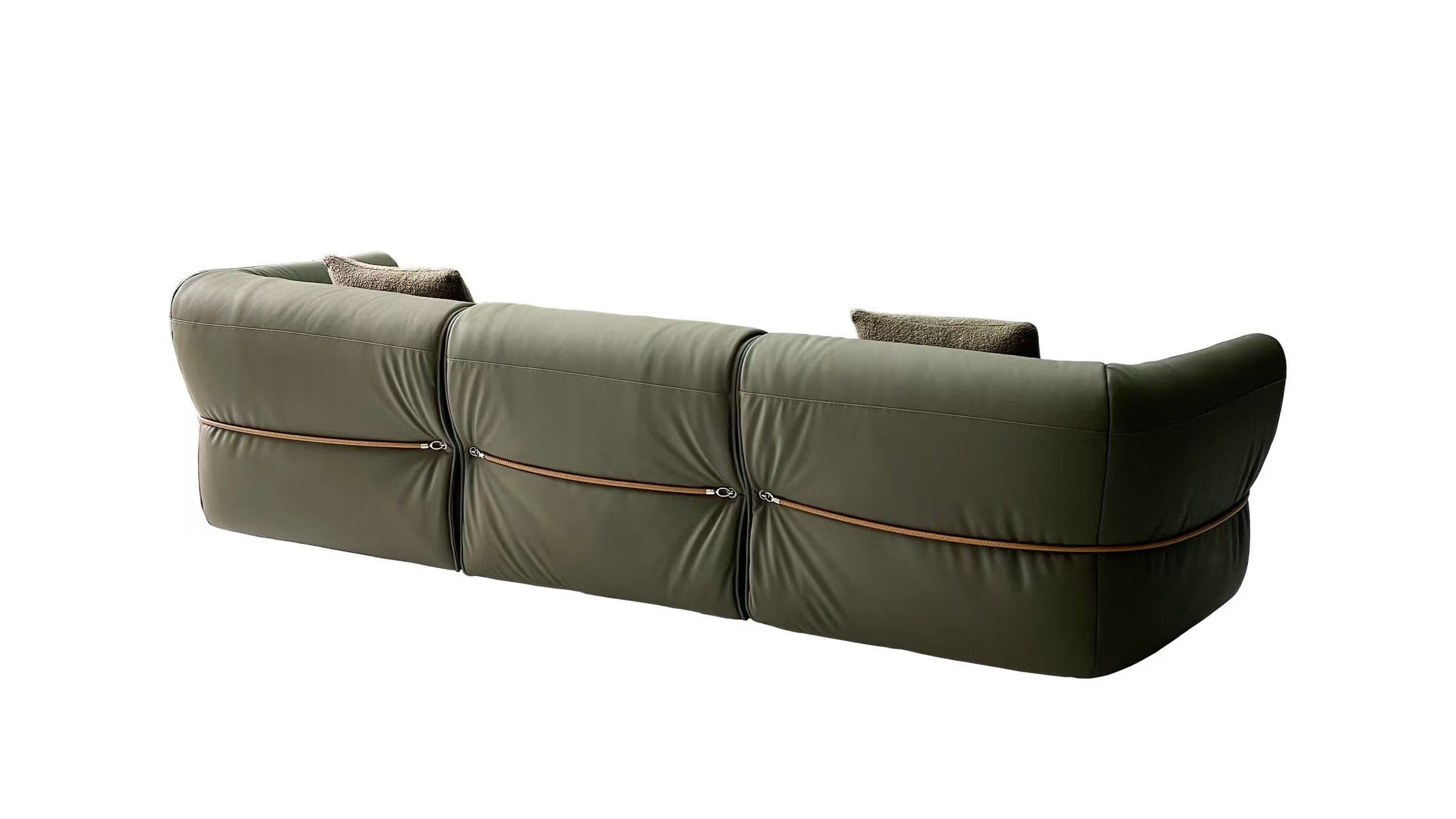K411A green leather sofa rear view with tan zippers tracing the three module backs