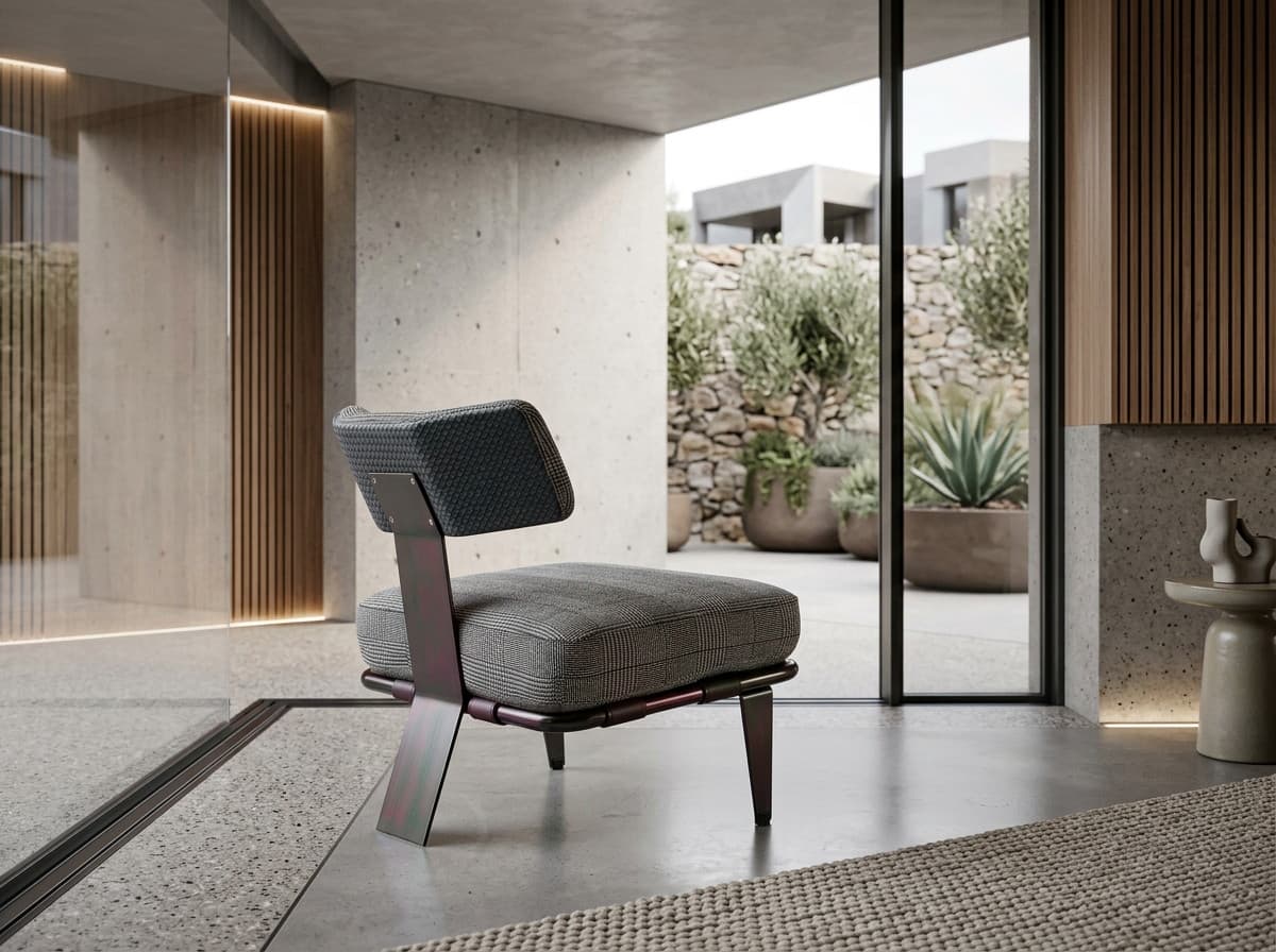 D8812A lounge chair in grey with a dark headrest, shown on a terrace