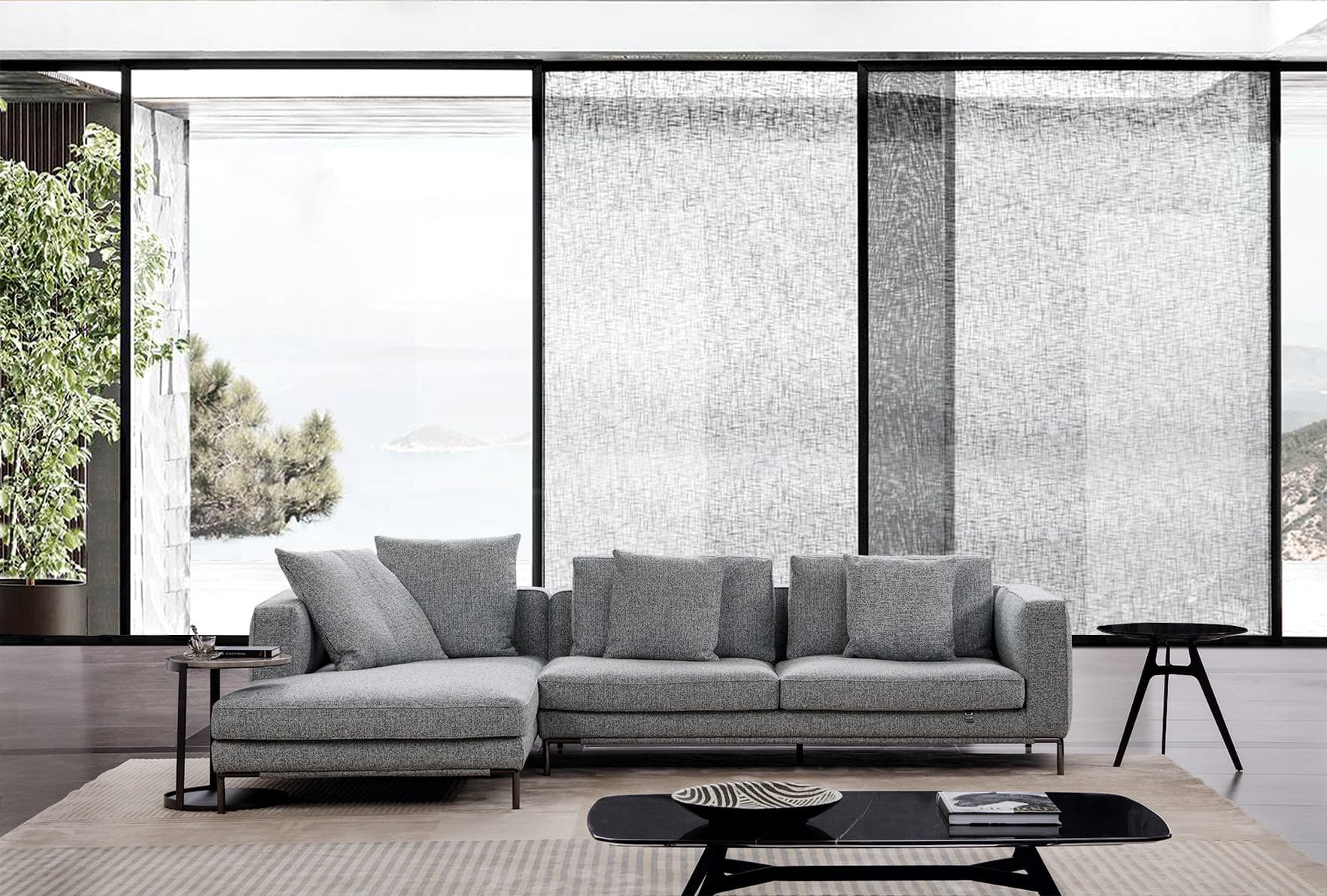 Rein L-shaped sofa in slate grey tweed colorway with piped cushions and black legs