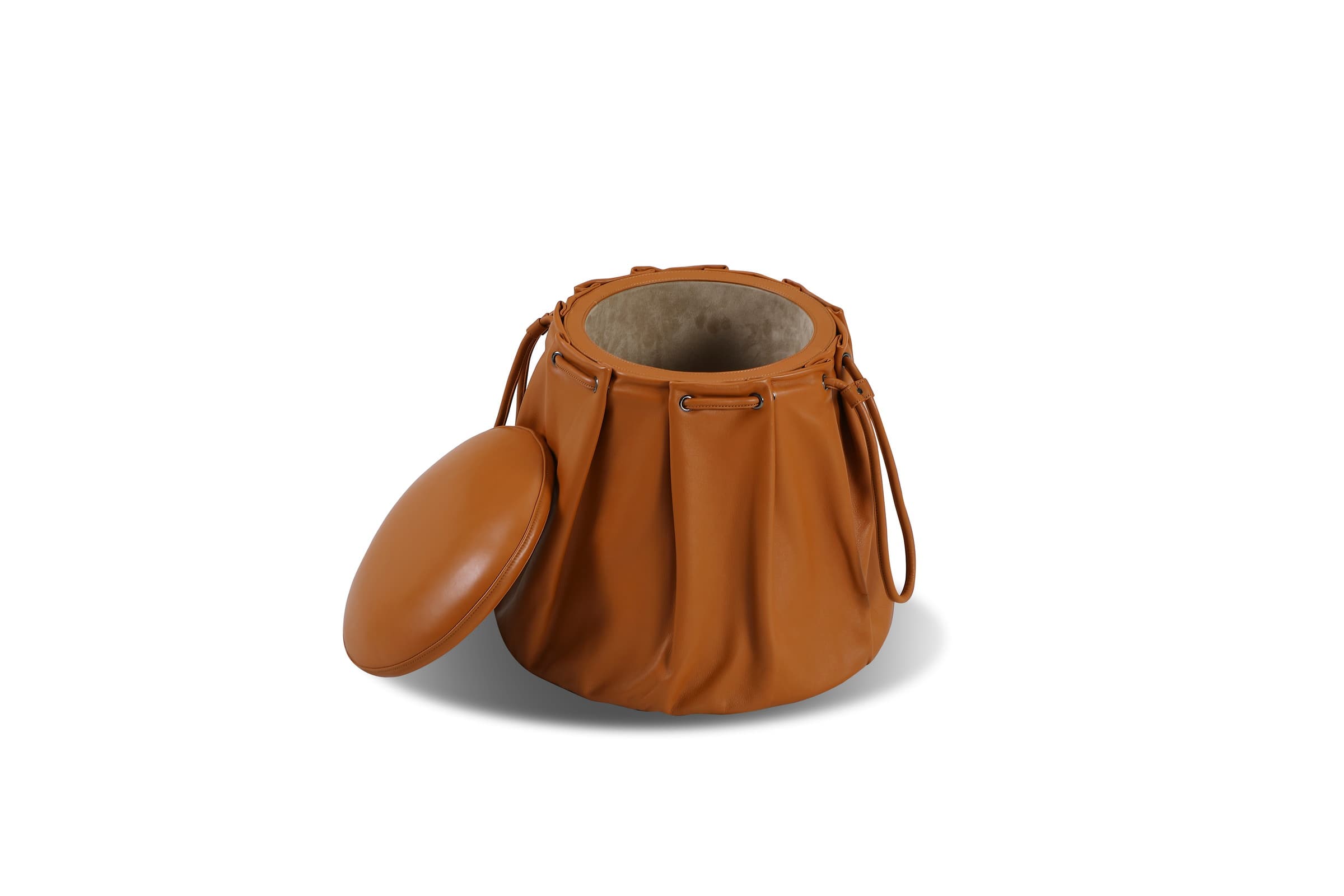 AS003-ST drawstring storage pouffe in tan leather with the lid removed