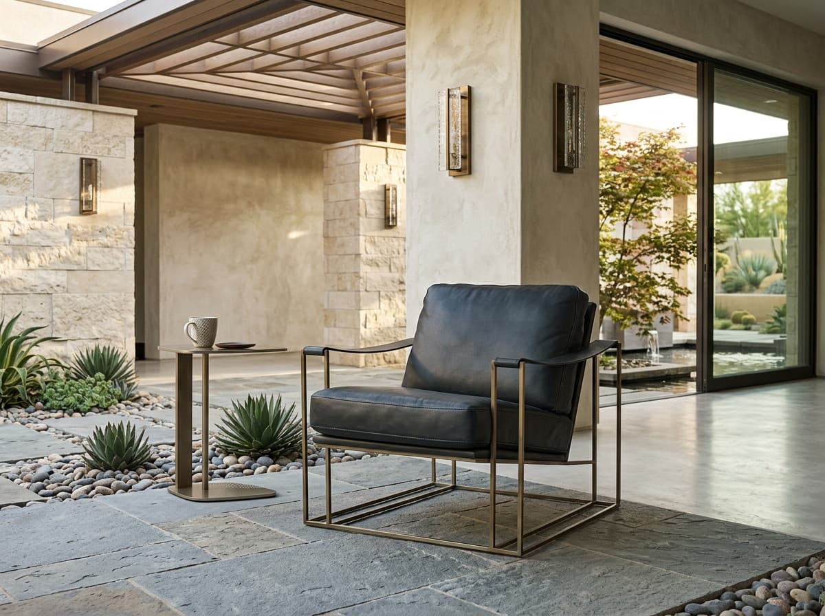 C0306-1D Black leather armchair with loose cushions in a slim brass metal frame on a stone patio