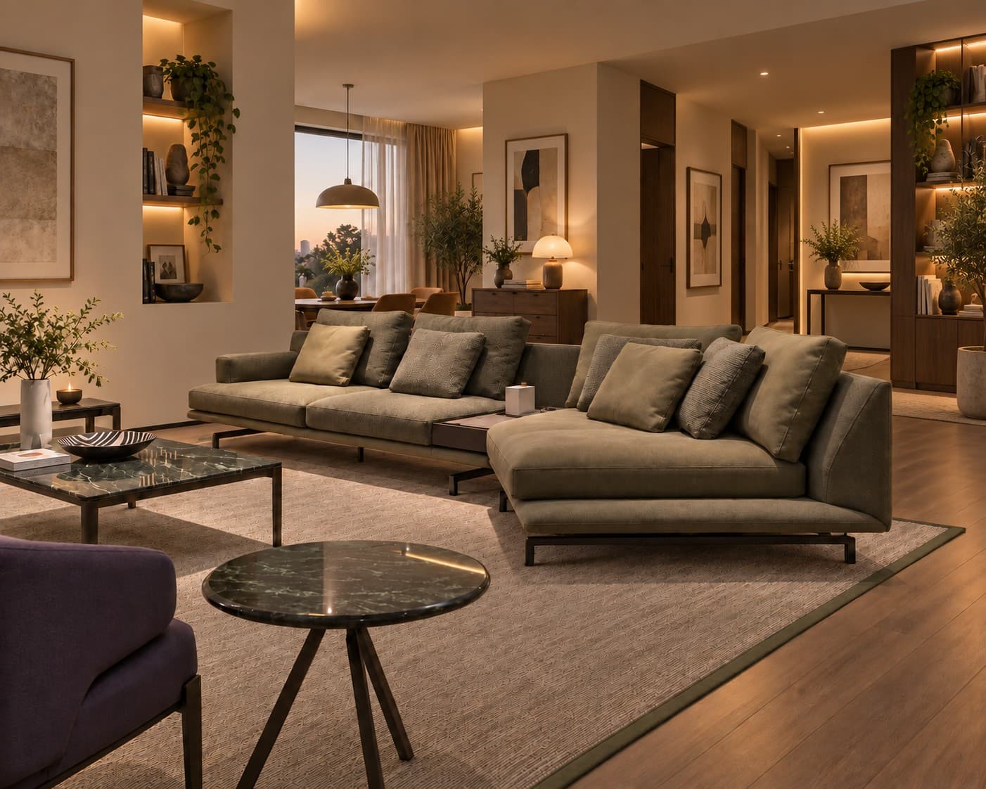 Lindy Olive Green Sofa with Curved Chaise