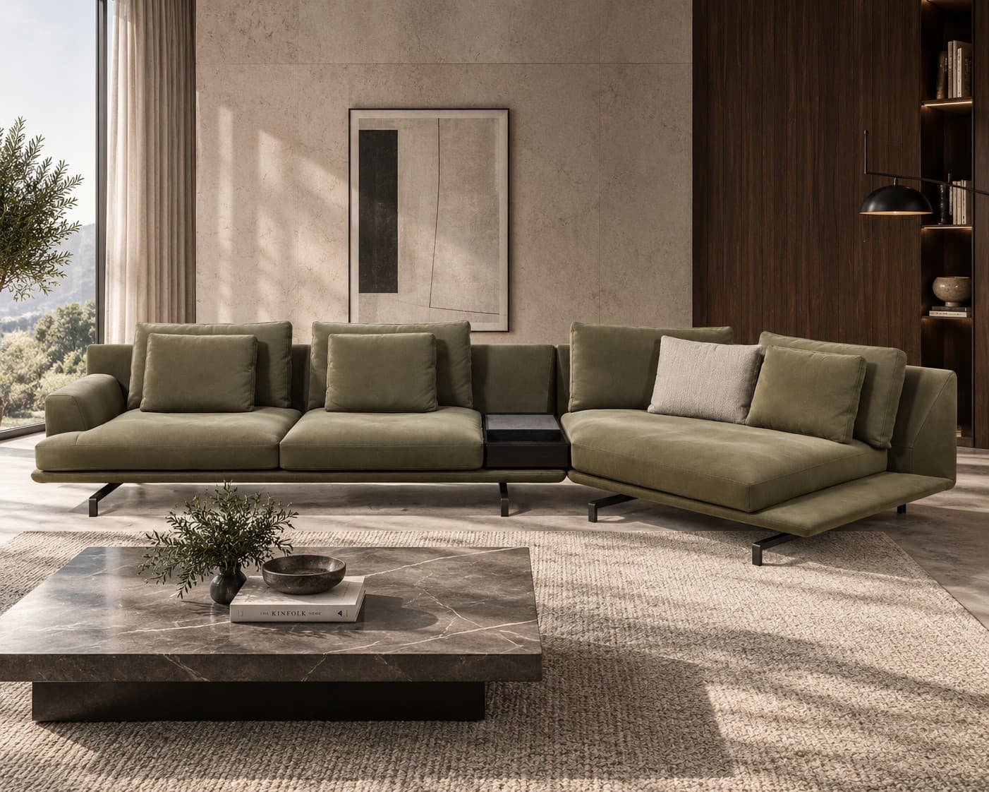 F9663B Olive Sectional with Built-In Table