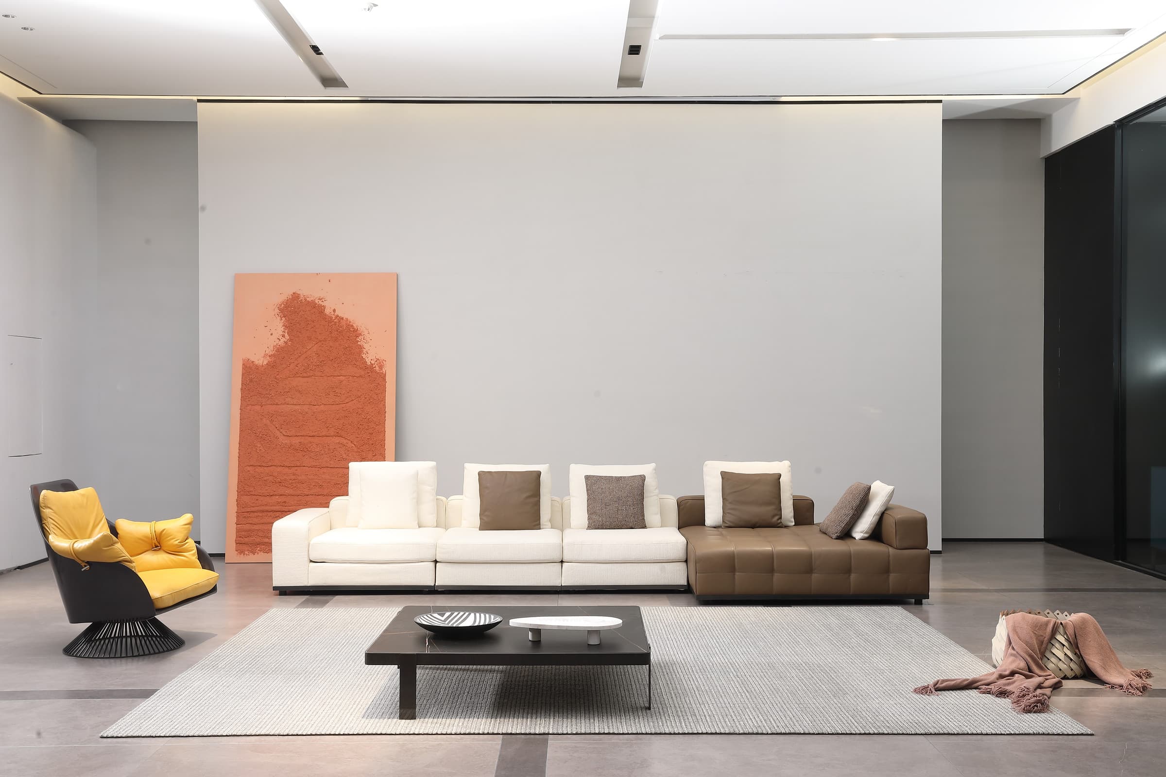 F9696-W long sofa with plain ivory seats and tufted brown leather chaise platform with low bolster