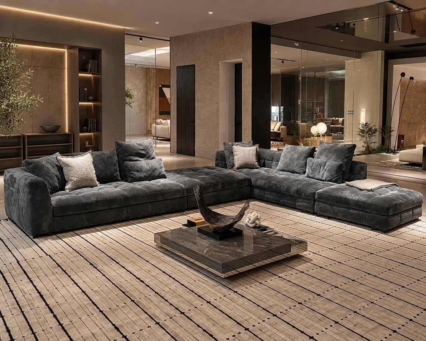 Viola GC-008 tufted velvet sectional in storm grey colorway with plush cushions around a dark marble coffee table
