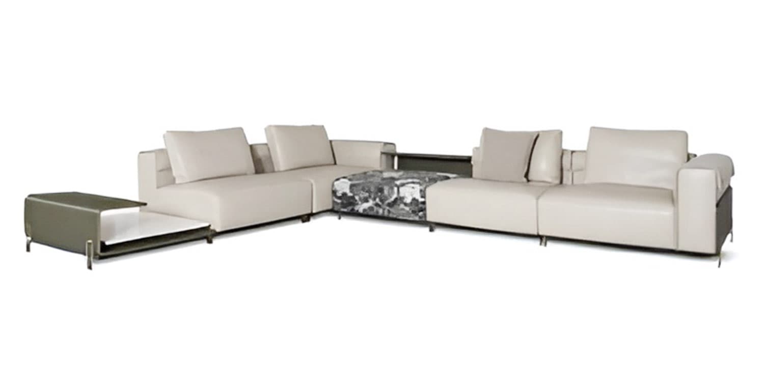 GC-018 full modular leather sofa system with floral print corner wedge and attached table modules