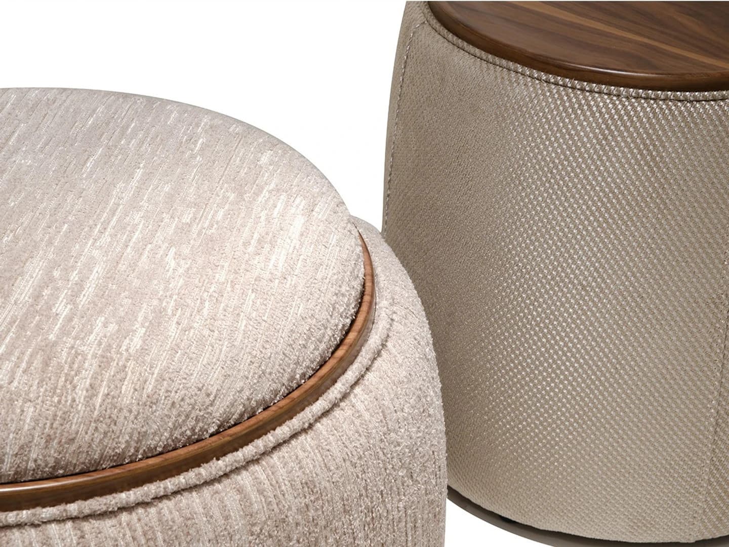 MONO round pouffes with a walnut top and woven sides, close view